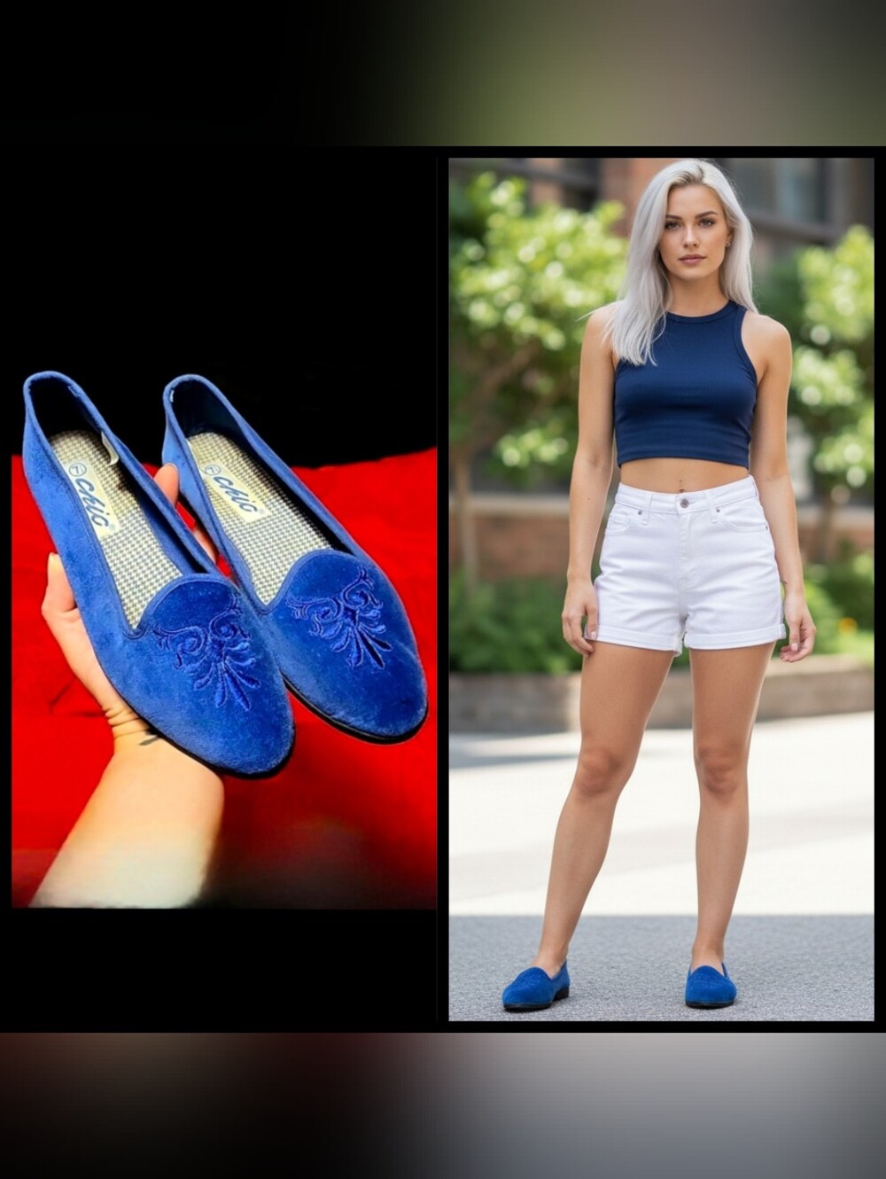 Vtg 80s Chic sapphire blue embroidered Victorian scroll velveteen flats 7.5 NWOB